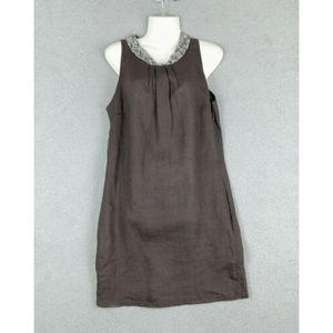 Made In Italy Sz M 100% Linen Tunic Mini Brown Dress Sequins Keyhole Sleeveless